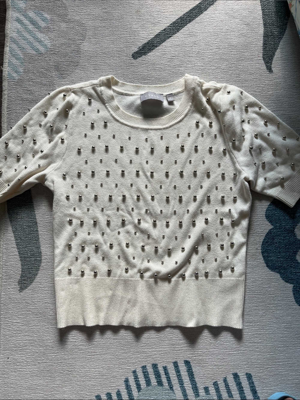 Cyrus Ivory Short Sleeve Studded Sweater Tee